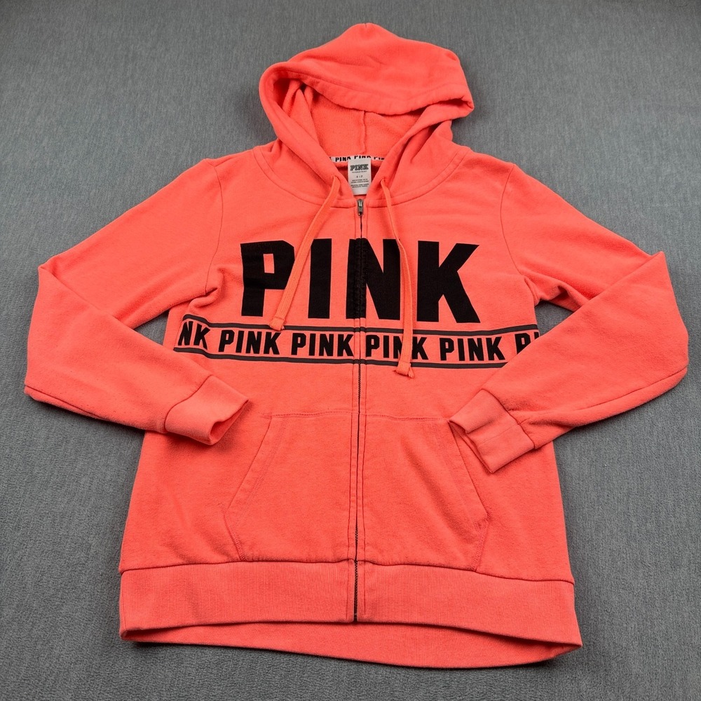 Pink Victoria's Secret Hoodie‎ Women Small Orange Full Zip Fleece Sweatshirt